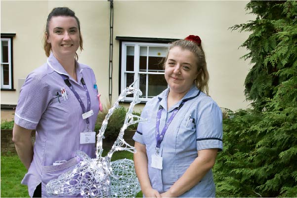 Hospice nurses standing next to Christmas tree