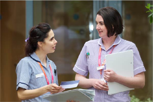 Two hospice nurses talking