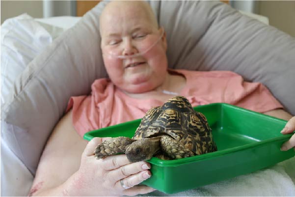 Terri in hospice bed holding a tortoise